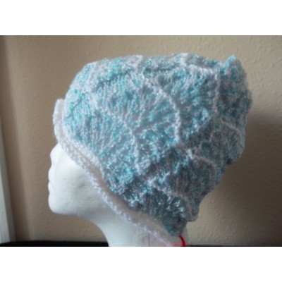 Hand knitted elegant lace pattern beanie/hat  light blue  eb-28269087